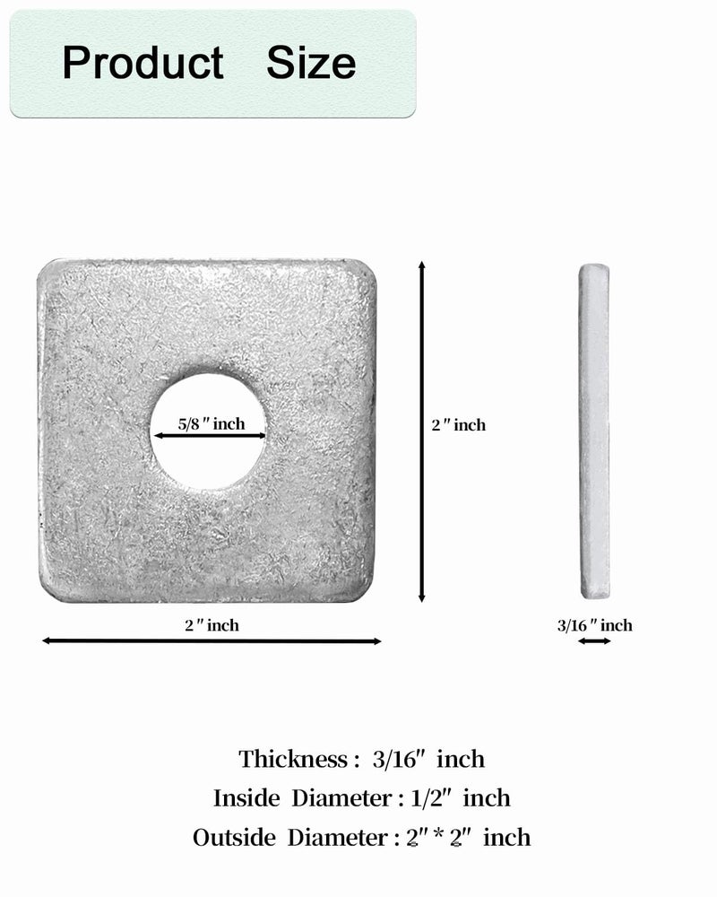 Axomize 5/8" Hot Dipped Galvanized Square Washer(20-Box) Flat Pad Spacer for Square Nut Fastener Hardware(5/8"X2"X2"X0.18) - Image 2